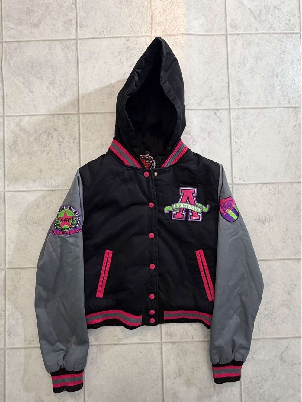 Girls black and gray varsity hooded jacket size M